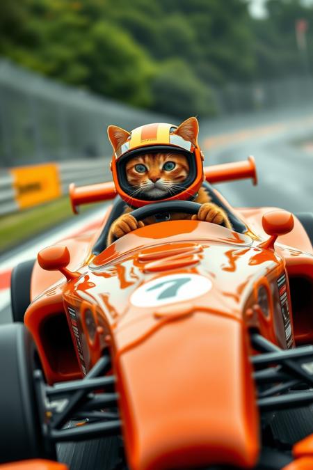 caraf, caramel car on the racetrack, cat with helmet as driver, a dramatic display of speed and action, motion blur, 