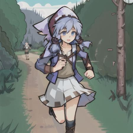 solo, magnolia, human, female, blue eyes, running, skirt, forest <lora:pk_magnolia_v2-000012:1>