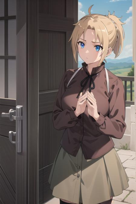 zenith greyrat, short hair, blonde hair, blue eyes, ponytail, ahoge, skirt, shirt, thighhighs, long sleeves, ribbon, boots, black thighhighs, thigh boots, brown shirt,