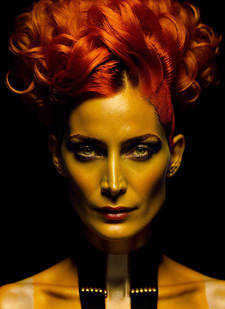 portrait of sks woman by Flora Borsi, style by Flora Borsi, bold, bright colours, orange Mohawk haircut, ((Flora Borsi)), <lora:locon_carrie_v1_from_v1_64_32:1.3>