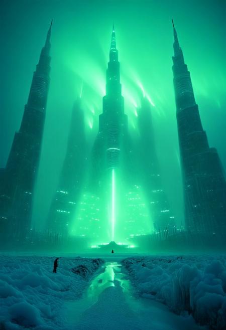 ()Hyoer Realistic:2.7)Polaroid picture an image of a Hyper-realistic cityscape of Dubai transplanted into the icy landscape of Alaska. The Burj Khalifa and other iconic Dubai skyscrapers stand tall amidst snow-covered mountains and frozen lakes. Neon lights and holographic advertisements illuminate the buildings, contrasting with the serene, snowy environment. Advanced, futuristic architecture blends seamlessly with the natural beauty of Alaska. The scene is set at dusk, with the sky transitioning from blue to a deep, icy purple. Detailed reflections on the frozen surfaces, intricate lighting effects, and a sense of dynamic energy. Rule of thirds, high-resolution details, and realistic textures.