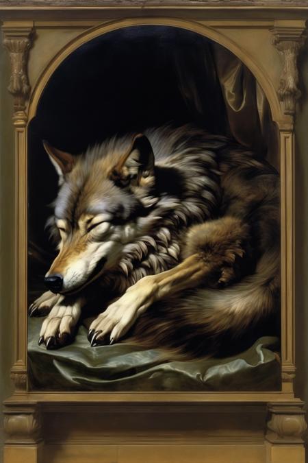 <lora:Willem van Aelst Style:1>Willem van Aelst Style - sleeping wolf, full body, in the style of a painting