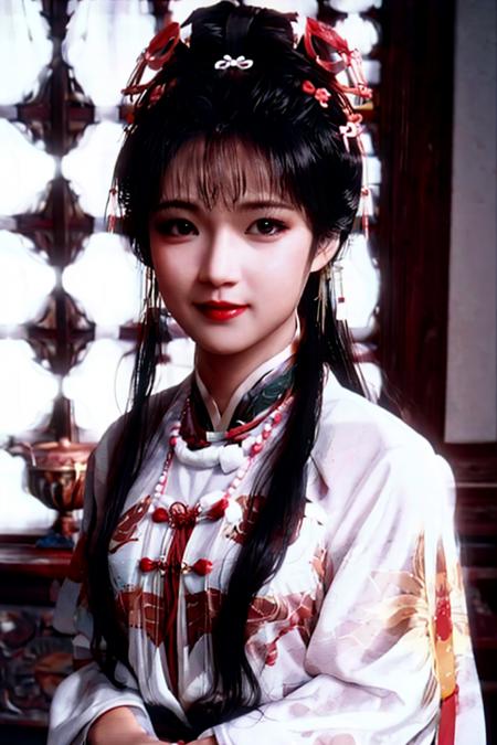 best quality,masterpiece,highres,1girl,blush,(seductive smile:0.8),star-shaped pupils,red china hanfu,hanfu,chinese clothes,hair ornament,necklace,jewelry,Beautiful face,upon_body,tyndall effect,photorealistic,dark studio,rim lighting,two tone lighting,(high detailed skin:1.2),8k uhd,dslr,soft lighting,high quality,volumetric lighting,candid,Photograph,high resolution,4k,8k,Bokeh, <lora:ouyangpeishan:0.8>