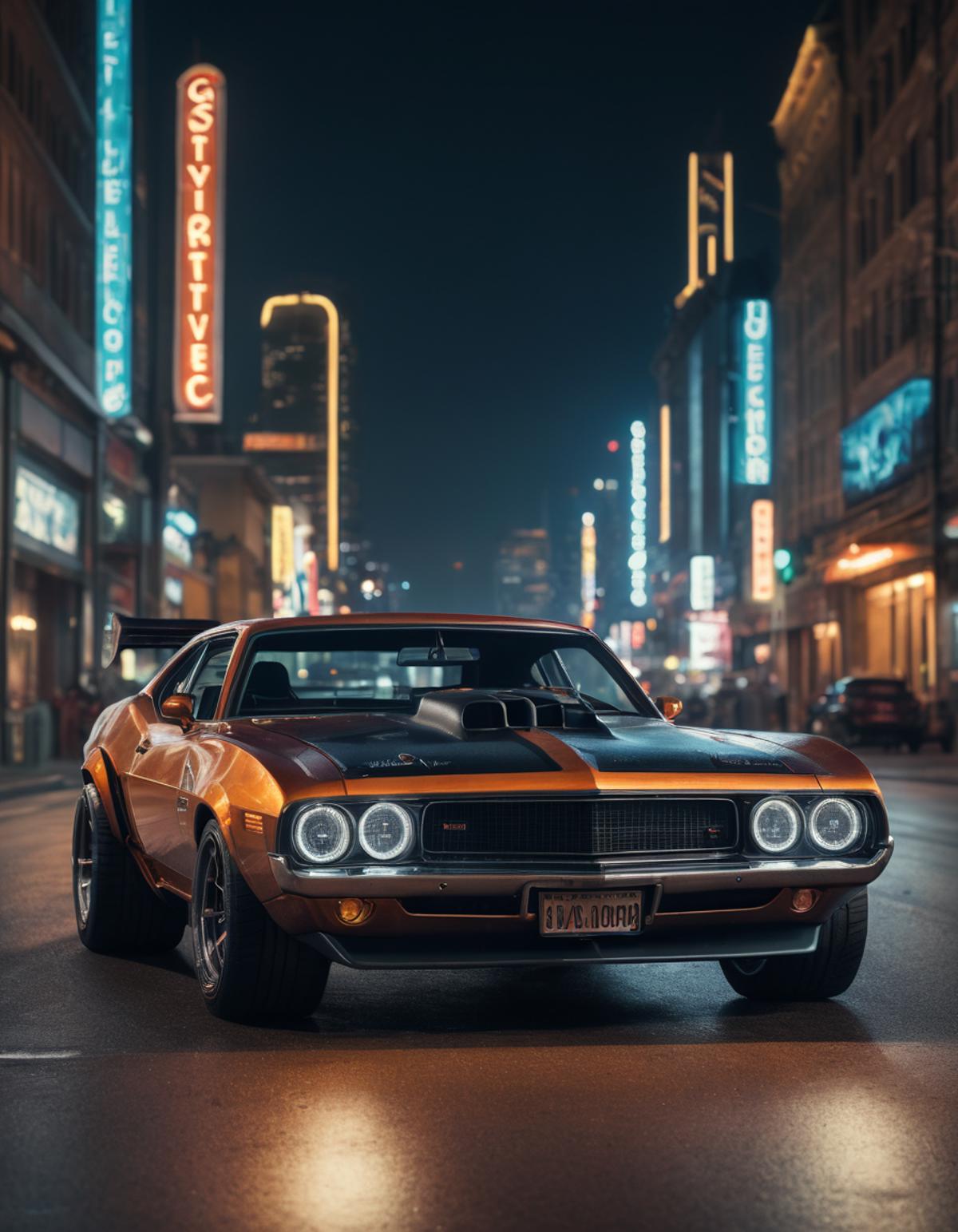 A classic muscle car sits on a city street at night.