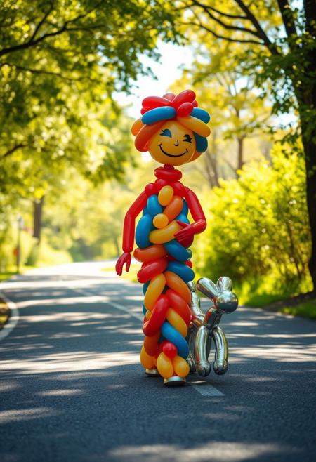 "A whimsical, sunny afternoon scene unfolded, as a balloon animal person, crafted from a kaleidoscope of colorful, twisted balloons, strolled down a winding, tree-lined road, accompanied by their trusty, balloon animal companion. The person, a masterful creation of inflated, curved, and twisted balloons, boasted a bright, cheerful smile, their balloon body a mesmerizing mosaic of red, blue, and yellow hues. Their balloon dog, a charming, canine creation, with a twisted, balloon tail and ears, trotted faithfully by their side, its balloon body a delightful, shimmering silver. As they walked, the balloons seemed to glow with a soft, ethereal light, as if infused with the joy and wonder of a sunny day. The road, a gentle, winding ribbon of asphalt, stretched out before them, lined with trees whose leaves rustled softly in the breeze, casting dappled, shimmering shadows on the ground below, like a natural, tactile tapestry. The entire scene was a celebration of whimsy and delight, a testament to the magic that unfolded when imagination and creativity were set free."