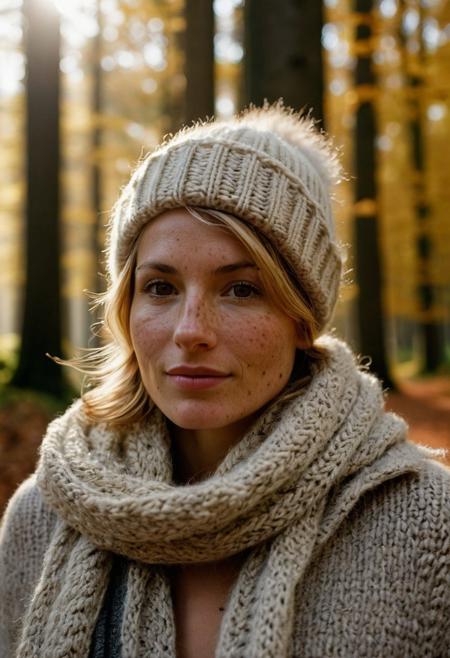 Stunning 35mm photo of a 42 years old Dutch woman, ((fluffy sweater)), ((long coat)), ((scarf)), ((beany)), very pretty, fit, skinny, highly detailed face, highly detailed skin, freckles, many freckles on arms and tits, freckles and moles all over body, natural breasts, perfect breasts, hard nipples, Rounded ass, blonde hair, pubic hair, short hair, messy hair, medium hair, brown eyes, highly detailed skin, highly detailed face, in love, happy, detailed pupils, taking a walk in a beautiful forrest, autumn, foggy light, perfect light, soft natural light, Rembrandt style light, made with a Hasselblad camera, 35mm, film grain, masterpiece, sharp focus, shot on Kodak, lens flare, cinematic, (ultra high res: 1.2), (photo-realistic: 1.3) (skin pores: 1.1)