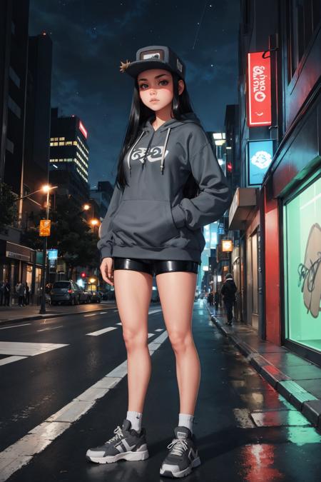 masterpiece, best quality,  <lora:cassettegirl-nvwls-v1-000009:0.9> cassettegirl, hat, grey hoodie, short shorts, sneakers, cityscape, graffiti, standing, wide shot, night sky, night, glowing