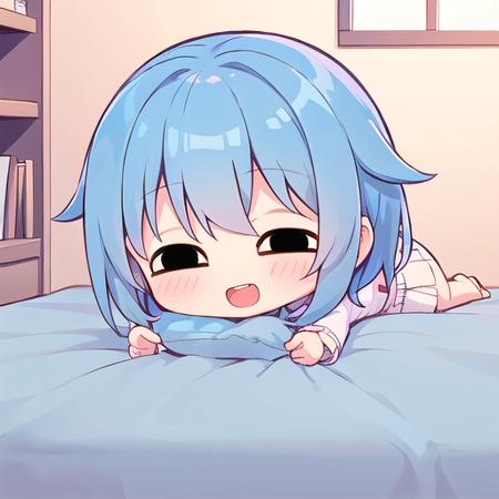 1girl, (chibi:1.4), smile, open mouth, upper body, lying on bed, , blue hair, indoors
<lora:hotarueye_comic10_v080:1.25>