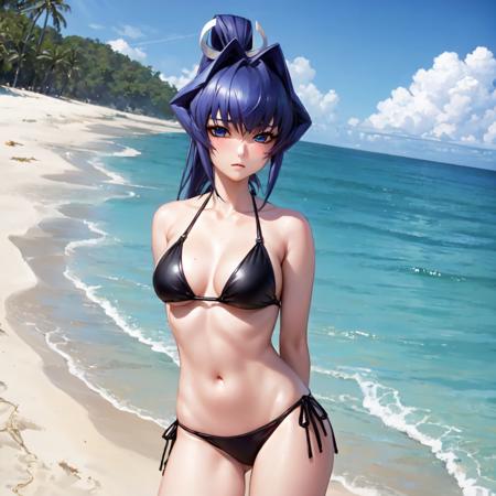 solo, Mitsurugi Meiya, blue hair, blue eyes, bikini, beach, arms behind back, blushing, standing, facing viewer, embarassed, high ponytail