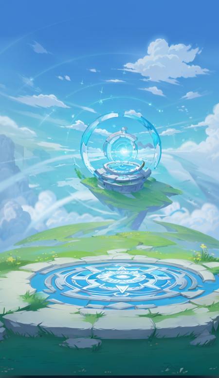 dipan,no humans, sky, scenery, outdoors, cloud, day, blue sky, crystal, grass, magic circle <lora:game dipan_20231028105647:0.8>, (illustration:1.0), masterpiece, best quality,