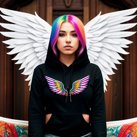 black detailed hoodi sitting sideways on a classical couch,masterpiece, DSLR photo,nekohoodi, real photo, dynamic angle, wings, breasts,solo, angel wings, rainbow hair, long hair, rainbow eyes, angel, looking at viewer, feathered wings, medium breasts, stained glass, white wings, cowboy shot, standing, collarbone,