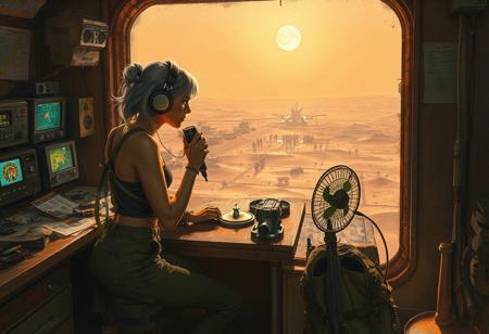 A digital painting in a realistic, cinematic, retro-futuristic sci-fi style. Interior of a military radio transmission and observation tower. A female operator leans forward over a rugged wooden-and-metal desk, gripping a vintage tabletop microphone with one hand and holding professional over-ear headphones to her ear with the other. She wears informal, survivor-style military gear: a sleeveless, loose-fitting crop top and worn tactical pants, with scuffed combat boots. Her silver-gray hair falls to the side, and she's seen in profile, focused intently on the transmission. The room is cluttered with analog military radio gear, softly glowing radar screens, tactical maps, binoculars, firearms, and a slow-spinning metal desk fan. A rugged military backpack lies nearby. Behind her, a reinforced window with rusted metal framing reveals the exterior: the base’s infrastructure with hangars, marching soldiers, and armored vehicles, all under a harsh sun. Beyond the base, endless desert dunes stretch out with sparse desert vegetation—scrub bushes, dry grasses, and isolated cactus-like plants. A distant oasis shimmers on the horizon. Warm interior lighting contrasts with the blinding heat and brightness of the outside. The atmosphere is dusty, tactical, cinematic, and filled with quiet intensity.