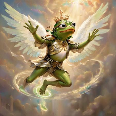 A majestic, fully armored celestial frog figure, pepe_frog the Archangel, rendered in an oil painting style. Hovering above a gathering of devoted followers,pepe_frog  spreads wide, divine wings, emanating a radiant, ethereal glow. The armor is intricately designed, blending celestial motifs with amphibian features, capturing both strength and sacredness. The light cascading from pepe_frog  bathes the awestruck crowd below in a warm, heavenly aura, highlighting their expressions of reverence and awe. The background is a harmonious blend of celestial and earthly realms, with soft, ethereal clouds meeting the earthly plane,<lora:godoil:0.65>,   <lora:pepe_frog SDXL:0.75>