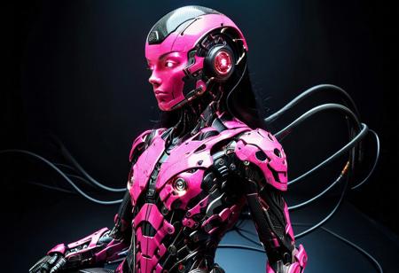 lazypos, cf_style, 
cyb0rg, science fiction, cable, mechanical parts,
A android stands in a cute pose, her long black hair cascading down her back like a waterfall of night. Vibrant pink and carbon fiber cover her entire body, intricate details and cables tracing the bio-mechanical contours. Her LED eyes gleam with a seductive intensity as she relaxes into the shadows, completely encased in her mechanical shell.