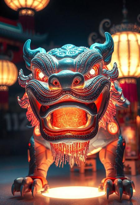 masterpiece, best quality, amazing quality, very aesthetic, high resolution, ultra-detailed, absurdres, newest,  photorealistic details, volumetric lighting, foo dog with a spherical head and no body, large gapping maw, subsurface, glowing with inner light