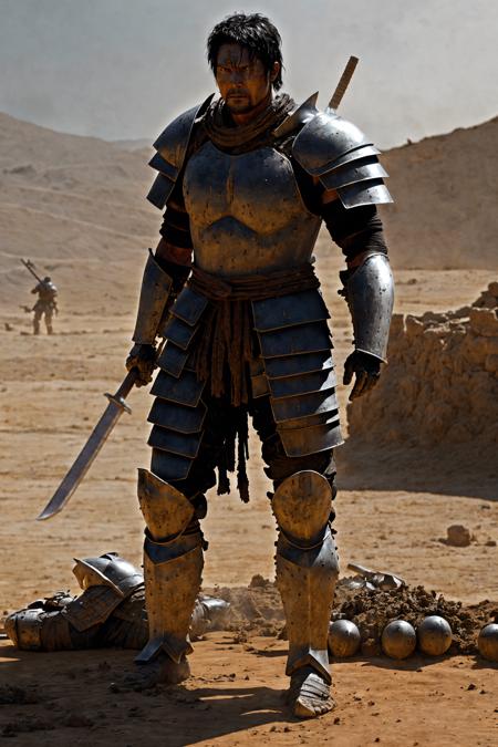 Armored badass warrior making his final stand covered in dirt and mud, photo, cinematic lighting, harsh lighting, scene from gladiator \(movie\)