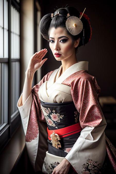ecstasize elusive tall (geisha) female, an artistic abstraction in the realm of hairstyling, okiya, fish-eye lens, (cinematic still:1.2), art by bugmAIster, photograph, insane details, <lora:offset_0.2:0.4> <lora:add-detail-xl:1.5>