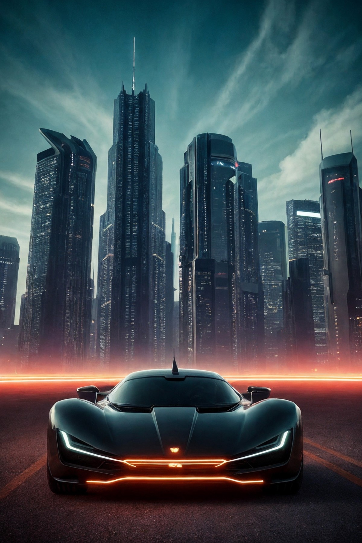 sci-fi, night, cinematic photo, futuristic design of electro car, majestic, desert city, skyscrapers, perfect lighting, cl...