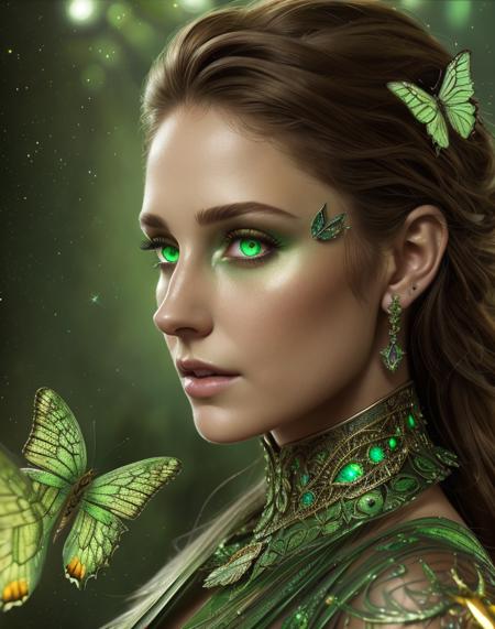 photo, 8k portrait of beautiful cyborg with brown hair, green,Fairy Green, intricate, elegant, highly detailed, majestic, digital photography, art by artgerm and ruan jia and greg rutkowski surreal painting gold butterfly filigree, broken glass, (masterpiece, sidelighting, finely detailed beautiful eyes: 1.2), hdr, realistic, high definition <lora:Fairy Green:1.>