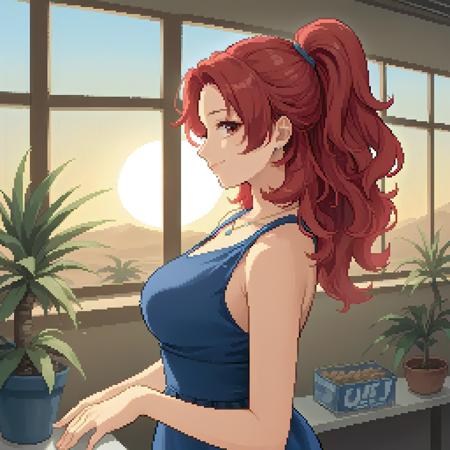 sandy_sdv long red hair, ponytail, jewelry, blue dress