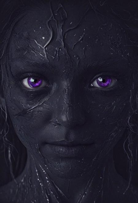 Completely black screen, absolutely nothing, pure black, detailed, but the old goddess with glowing darkviolet eyes are rising, FastNegativeV2, double exposure