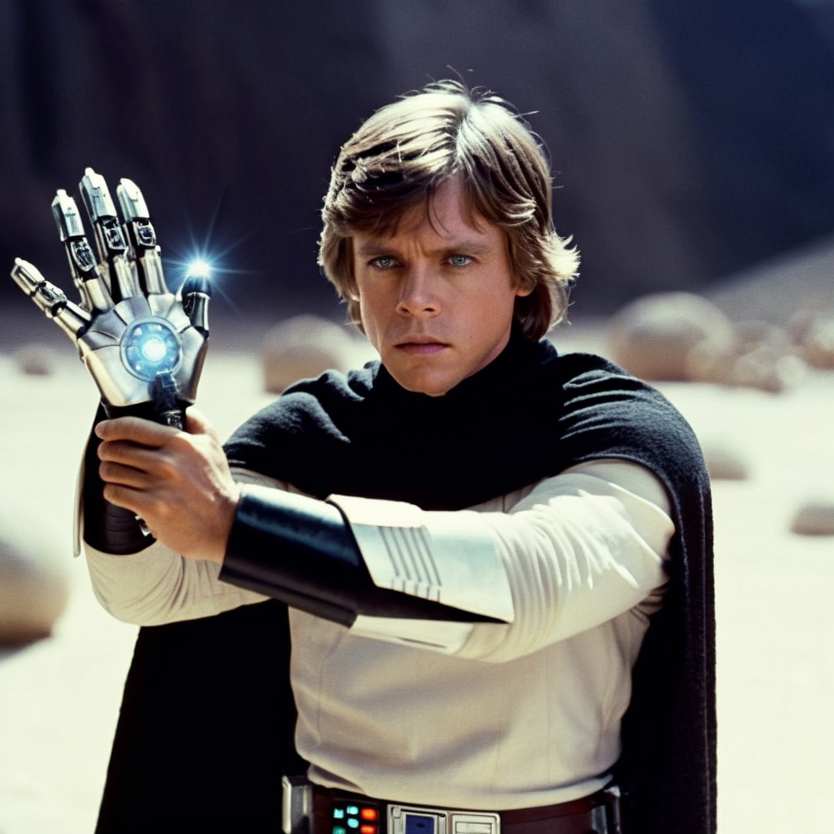 cinematic film still of  <lora:Luke Skywalker:1.2>
Luke Skywalker an man with a cape and futuristic cyborg hand in star wa...
