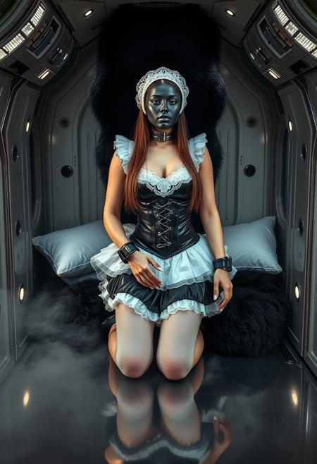 latex muffled  lady    in sexy glossy black foil french maid  uniform  with white  lace appron, ectremely lush  white tulle petticoat,  white silk stockings, glossy  black high heels with ankle straps,  white lace maid cap, very tight hourglass corset,  hands handcuffed,  steel slave collar, kneeling at black fur pelt,  surrounded by  black foil pillows, inside weird alien brainwashing machine, masterpiece, provocative, sexy, femine, very long hairs, extremely tight clothes,  ultra thin whaist, glossy silk and satin, latex, absurdres,  polished steel floor, fog from the floor, masterwork, realistic, space_station,  indoors, dramatic lighting, high contrast, solo, french maid planet, females enslaved by robots, abducted by aliens, sci-fi, horror