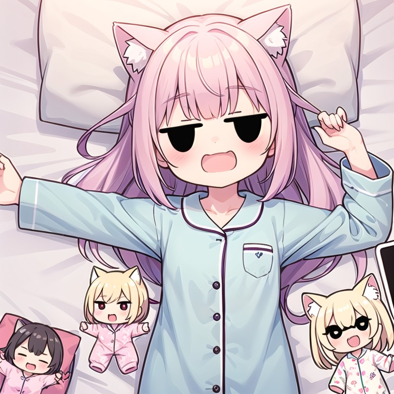1girl, (chibi:1.4), BREAK, (wearing pink pajama:1.3), smile, open mouth, wavy mouth, red eyes, (lying on a bed, on back:1....