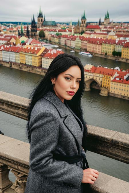 a female, adult. cinematic photo from above, waist up shot, sharp focus, a beautiful woman in foreground with jet black hair, in Prague, at the Charles Bridge, river in background, overcast rainy day, wearing long grey wool coat, warm rich color palette <lora:GigiFlux_epoch_2:1>