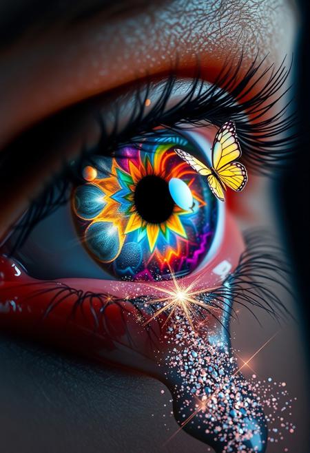 A single, opened eye stares out, its iris a swirling vortex of enchanting imagery. The eye's insides are a kaleidoscope of colors, with delicate, shimmering patterns and vibrant, glowing shapes. As the eye begins to leak, the images spill out, like a puddle of imagination and magic, spreading across the surrounding surface. A tiny, iridescent butterfly emerges from the eye's corner, its wings beating in a hypnotic rhythm. Nearby, a sprinkle of glittering, stardust twinkles, as if the cosmos itself has been distilled into this tiny, shimmering pool. Every detail of the scene is meticulously rendered, from the intricate, lace-like patterns on the eye's surface to the delicate, sparkling tears that well up in its corner. The overall effect is one of breathtaking, surreal wonder, as if the very fabric of reality is being rewritten by the power of imagination. highest-Quality, intricate details, visually stunning, Masterpiece