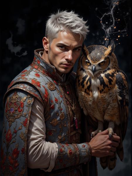 A fierce young man with cold gray hair and black eyes stands beside a majestic owl. His freckled skin glows in the cold light of the frost that dance around them. He wears an ornate gray and red embroidered vest adorned with intricate fire patterns, a matching pendant with an ruby gemstone resting at his throat. His expression is intense, determined, and regal. The owl, its feathers a radiant blend of gray and brown, presses close to him, its sharp beak and piercing eyes exuding power and wisdom. fire ash float in the air, casting an ethereal glow against the dark background, as if the world itself bends to their presence.
