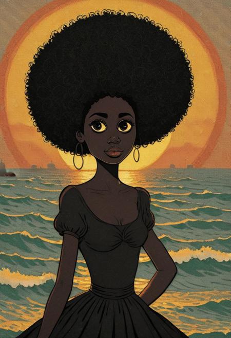 Una bellissima doppia esposizione che combina la silhouette di una donna nera con i capelli afro con la costa del tramonto, la costa del tramonto dovrebbe fungere da sfondo sottostante, con i suoi dettagli incorporati nella dea, linee nitide, lo sfondo  monocromatico, messa a fuoco nitida, doppia esposizione, colori fantastici,van Gogh stile
 Nascondere