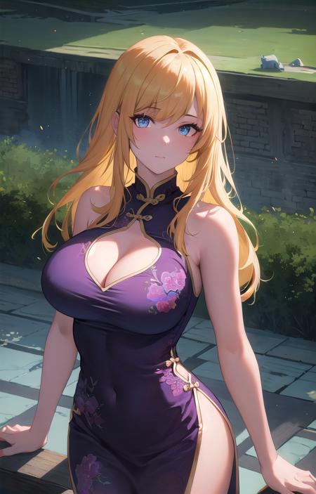 masterpiece, best quality, aesthetic, 1girl, solo, purple eyes, yellow hair, brown china dress, cleavage cutout, bare shoulders, large breasts, (cowboy shot), looking at viewer, (river), cinematic lighting, professional shadow