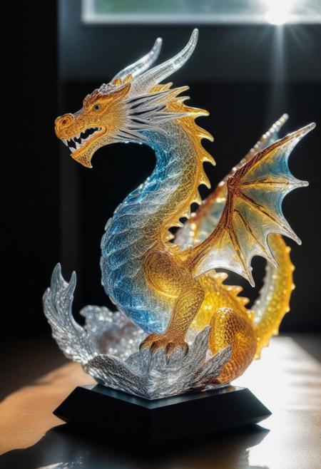 Product photo, a glass dragon scupture, beacutful sunrays, intense lightingting, sunlight lighting, sharp lighting, detailed, analog, DSLR