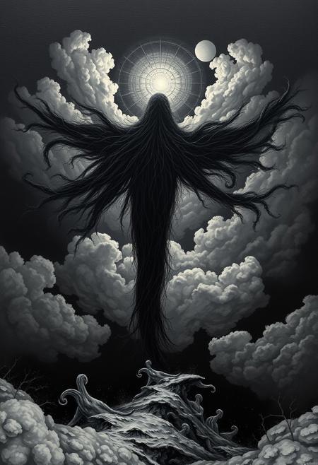 (art by Eduard Wilhelm Pose and Master of the Holy Blood and Ivan Bilibin:1.1), (sheltered atmosphere, aesthetic of hard - edge painting:0.1), symmetry and balance, pure black, detailed, FastNegativeV2, ral-dissolve,Completely (James Ensor,Unica Zurn,Zdzislaw Beksinki:1.25), Paranormal, Apparition, intricate, oil on canvas, (surrealism:1.1), detailed, FastNegativeV2, amazing quality, masterpiece, best quality, hyper detailed, ultra detailed, UHD, perfect anatomy, (Award winning, masterpiece), clouds, apocalypse, armageddon, flying spaghetti monster
