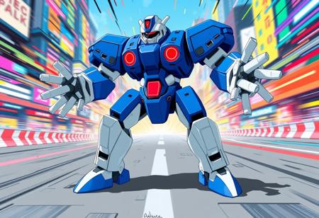 An Ancient Gear Dark Golem robot, strikingly rendered in vibrant blue and white, bursts with energy, standing upright on a stylized gray ground. Its powerful white arms are dramatically extended outwards, and its legs are sharply bent at the knees, embodying an isometric and dynamic action pose of pure readiness for play. A pulsating red light on its chest and another atop its white head with a bold black visor add impactful focal points. The white limbs offer a dynamic contrast to its blue body. The essence is Vivid Emotions and a Joyful Impact, conveying a Powerful Message. Behind it, a stylized, high-energy City Grand Prix explodes with color and motion. The background is a swirl of Harmonious Colors, multi-colored futuristic architecture and speed lines, rendered with a Contemporary Aesthetics and a Beautiful Matte Painting quality. High-res anime concept art, vibrant cel-shaded illustration, Splash Ink Illustration, Grammer Effect Style, Sharp Lines and Brush Strokes, Stunning Colors, Impeccable Composition, Creative Angle, Attractive Background, Balanced Editing, Intentional Focus, Well-timed Moment, High Quality, Super Detailed Face and Eyes and Clothes, Handcrafted with Precision. Dynamic lighting, dramatic motion blurs, crisp outlines, trending on ArtstationHQ, CGSociety, Golden Ratio.