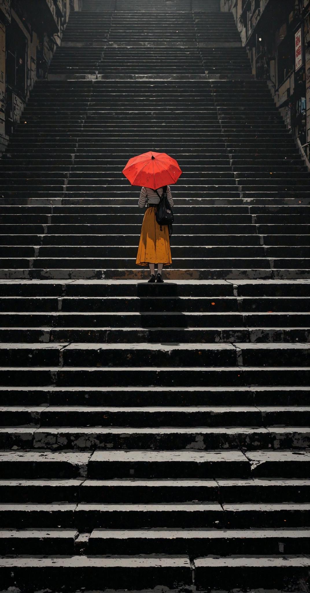 A woman standing on a large, dark staircase holding a red umbrella. She is wearing a yellow skirt and a striped top, with a black backpack. The staircase is wide and steep, extending far into the background. The setting is urban, with buildings on either side of the staircase. 