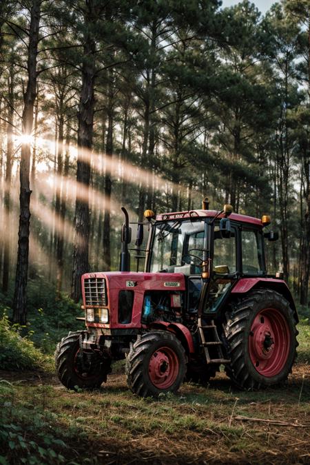 photo RAW,(mtz82, a Pink tractor parking on A forest scene with a dusty sunbeam shining through a dense canopy <lora:mtz82:0.65>,Realistic, realism, hd, 35mm photograph, 8k), masterpiece, award winning photography, natural light, perfect composition, high detail, hyper realistic, dusty atmospheric haze, high quality textures of materials, volumetric textures, coating textures, metal textures