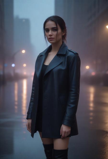 Ultra-detailed, cinematic mood: a young woman stands alone on a rain-slicked urban street, her glossy black leather coat gleaming under the soft glow of flickering streetlights. Droplets cascade down the smooth, tailored surface, reflecting hues of neon blue and violet from the surrounding cityscape. Her posture is poised yet relaxed, the coat’s high collar framing her face—sharp cheekbones dewy with rain, piercing eyes catching the light, strands of wet hair clinging to her skin. The rain falls in a steady, gentle rhythm, pooling in shallow ripples around her boots, while faint steam rises from the warm asphalt. In the background, a futuristic skyline looms—towering structures shrouded in mist, their edges softened by the downpour. Moody tones, dynamic reflections, and a sense of quiet strength infuse the scene