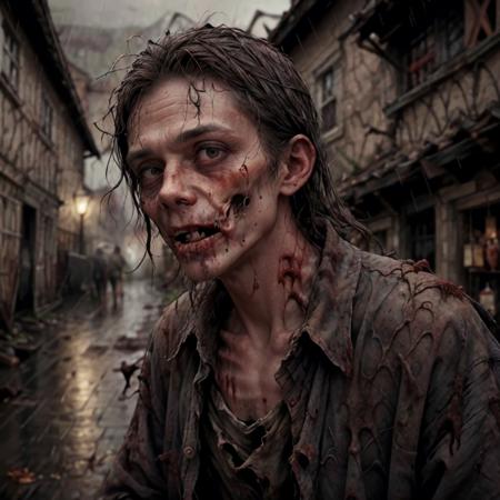 <lora:RPGZombie:1> zombie:1.1, solo, 1boy, male focus, old, old man, long hair, ((less human)), torn clothes, blurry, blurry background, portrait, ((medieval alley)), realistic:1.2, ((rain))