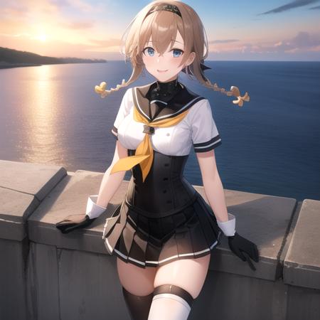 ((masterpiece)),(best quality),official art,extremely detailed CG,unity 8k wallpaper,ultra detailed,A lighthouse on a cliff by the sea,1girl,solo,cowboy shot,school_uniform,serafuku,clothes_writing,hachimaki,propeller_hair_ornament,twin_braids,long_hair,pleated_skirt,black_skirt,black_sailor_collar,black_headband,blue_eyes,yellow_neckerchief,light_brown_hair,smile,white_thighhighs,brown_hair,miniskirt,thigh_strap,corset,grey_eyes,looking_at_viewer,short_sleeves,socks,hair_between_eyes,knee_boots,multicolored_gloves,hairband,white_gloves,medium_breasts,red_footwear,<lora:Teruzuki(kan)>,