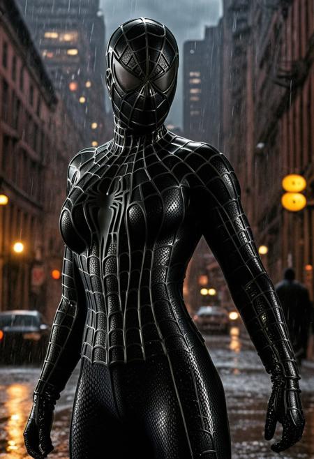 score_9, score_8_up, score_7_up, best quality, realistic, masterpiece, beautiful detail, hyperrealistic, afternoon sky, ((1girl, woman body, big breasts)), amazing detailed full body portrait of a beautiful girl, wearing a realistic and highly detailed black raimi spider-man suit, ((huge muscular girl)), ((wears black spiderman mask)), professional model wears ultra - detailed black raimi spider - man suit, ultra - detailed and grained black raimi spiderman suit, suit covered entire body and hand, black spiderman gloves, wet, (dynamic pose), (full body), (dirty skin), close up, octane render, highly detailed, volumetric, dramatic lighting, (highest quality:1.1), (HDR:1.3), (top quality, best quality), realistic, high definition,