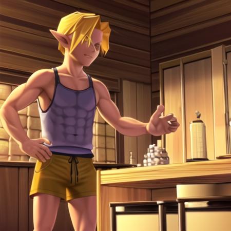 1boy, pointy ears, tank top, bow, shorts, blonde hair, fit,