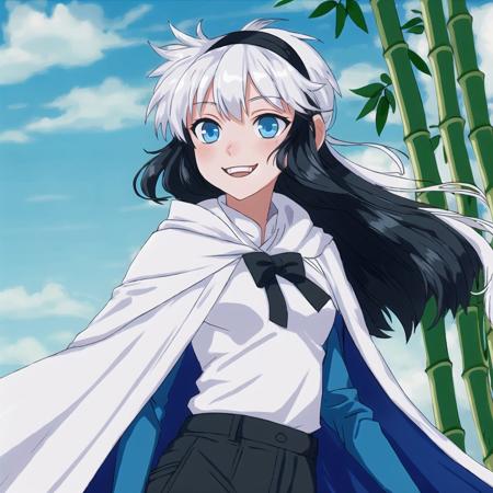 <lora:avas_retro_06-04:1>, 


1girl, alternate headwear, bamboo, black hair, blue eyes, cape, grin, kagami mochi, long hair, mallet, multiple girls, pants, payot, smile, solo, white hair, white skin