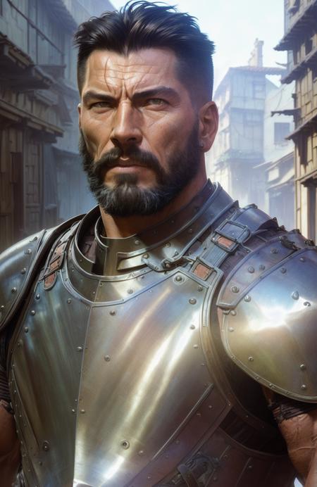 portrait of a muscular rugged warrior in a bright medieval street, ((old worn leather armor)), ((backlighting)), realistic, masterpiece, highest quality, puddle, lens flare, shade, (bloom), (chromatic aberration), by Jeremy Lipking, by Antonio J. Manzanedo, by (Alphonse Mucha), digital painting