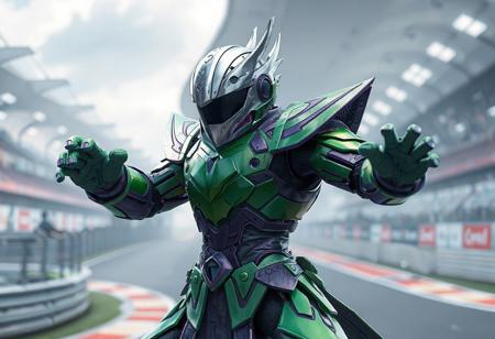 "Yaguramaru Armor Ninja robot, green and purple, silver head, black visor, dynamic pose. F.A. Circuit Grand Prix backdrop. Action stance, arms extended. High-res, 4K, octane render, Unreal Engine 5 pro, splash ink illustration, Raphael style, Houdini style, captivating lighting, dynamic action, isometric view, trending on Artstation, CGSociety, golden ratio."