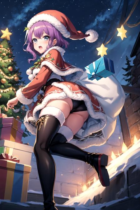 <lora:SaoriHidaka-10:0.9>, d4saori, looking at viewer, open mouth, thighhighs, long sleeves, hat, dress, holding, boots, outdoors, sky, black footwear, tree, grey eyes, fur trim, capelet, night, thigh boots, stuffed toy, red dress, stuffed animal, box, star (sky), night sky, christmas, gift, santa hat, santa costume, teddy bear, gift box, sack, snowflakes, christmas tree, red capelet, merry christmas, fur-trimmed capelet, fur-trimmed dress, fur-trimmed headwear, christmas ornaments, santa dress