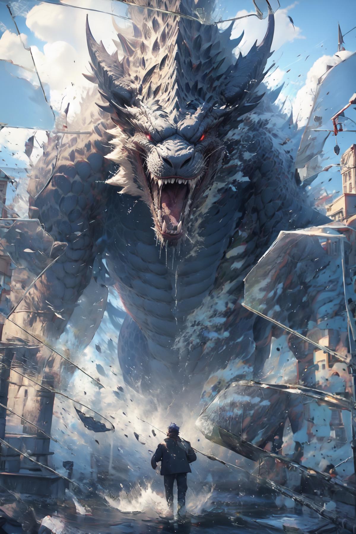 A giant dragon with a man standing in front of it.