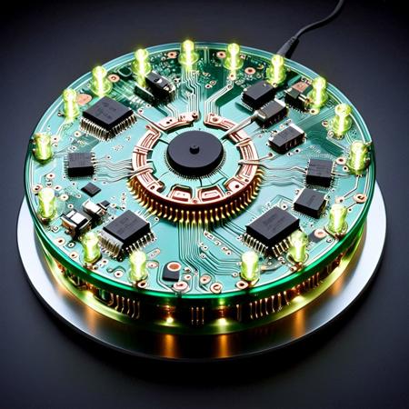 The Uunartoq Disk reimagined as a futuristic circuit board structure. The instrument  is constructed from translucent green PCB layers, Hyperpolished CHromium with elegantly etched copper traces forming hydraulic mechanisms. Surface-mount capacitors serve as pivot points, miniature LEDs glow along the joints, and integrated circuit “hydraulic” lines pulse with energy.