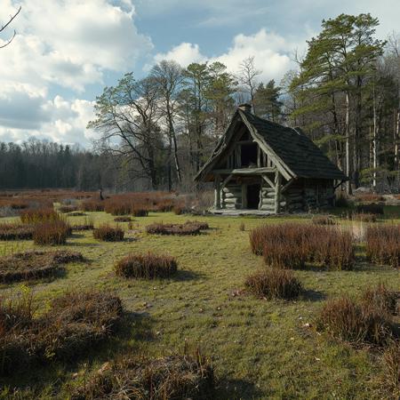 8k, source_photo, source_real, traditional media, amateur, real life photo, broad swamp and marsh, clumps of woodland, abandoned hut, dungeons and dragons, medieval